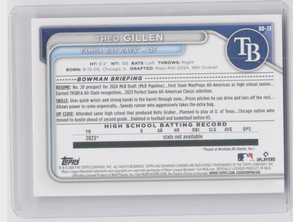 2024 Bowman Draft Theo Gillen #BD-73 Rays - Image 3