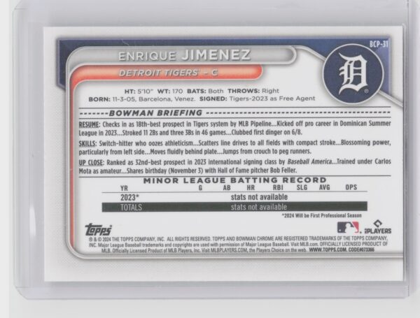 2024 Bowman Enrique Jimenez #BCP-31 Tigers Chrome Prospects Mojo Refractors - Image 3