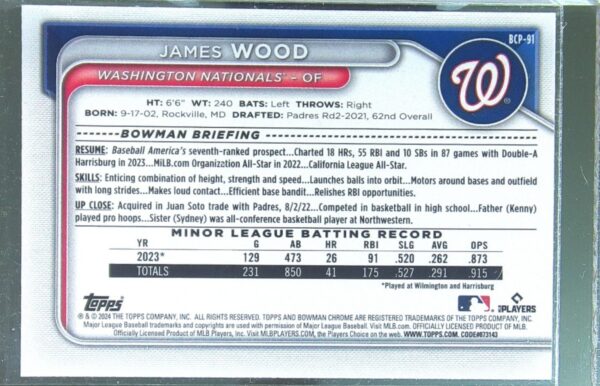 2024 Bowman James Wood #BCP-91 Nationals Chrome Prospects Lunar Glow Refractors - Image 3