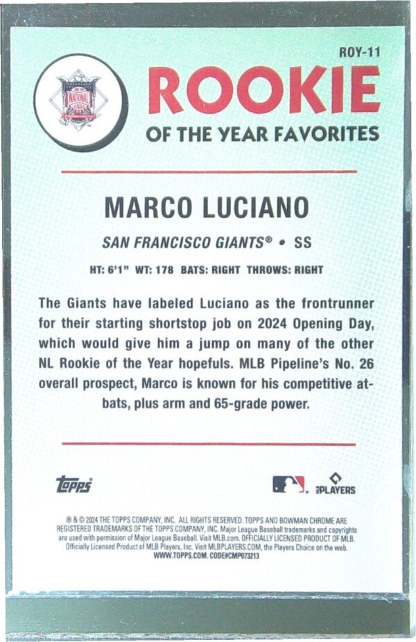 2024 Bowman Marco Luciano RC #ROY-11 Giants Rookie of the Year Favorites - Image 3