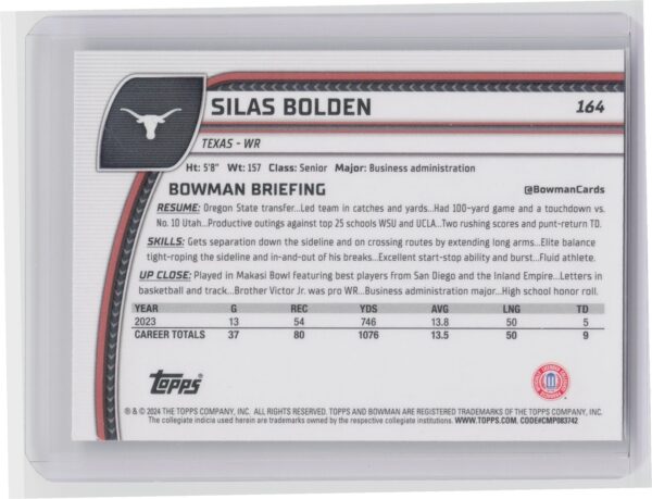 2024 Bowman U Chrome Silas Bolden #164 Texasll - Image 3