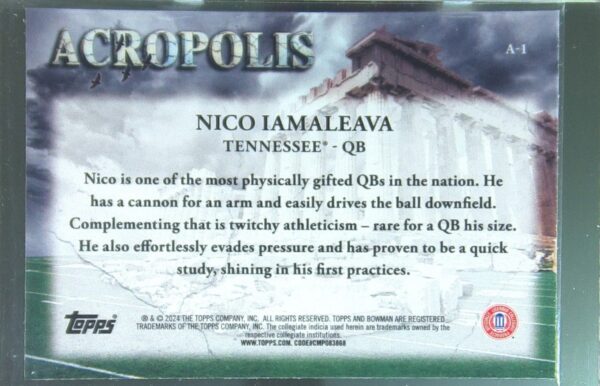 2024 Bowman University Chrome Nico Iamaleava #A-1 Volunteers Acropolis - Image 3