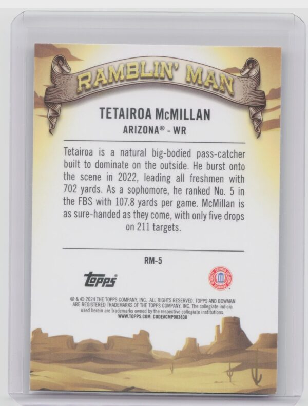 2024 Bowman University Chrome Tetairoa McMillan RC RM-5 Wildcats Ramblin’ Man - Image 3