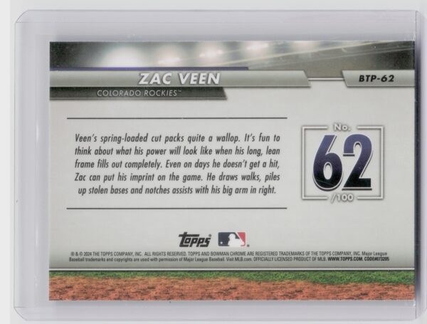 2024 Bowman Zac Veen #BTP-62 Rockies Bowman Scouts' Top 100 - Image 3