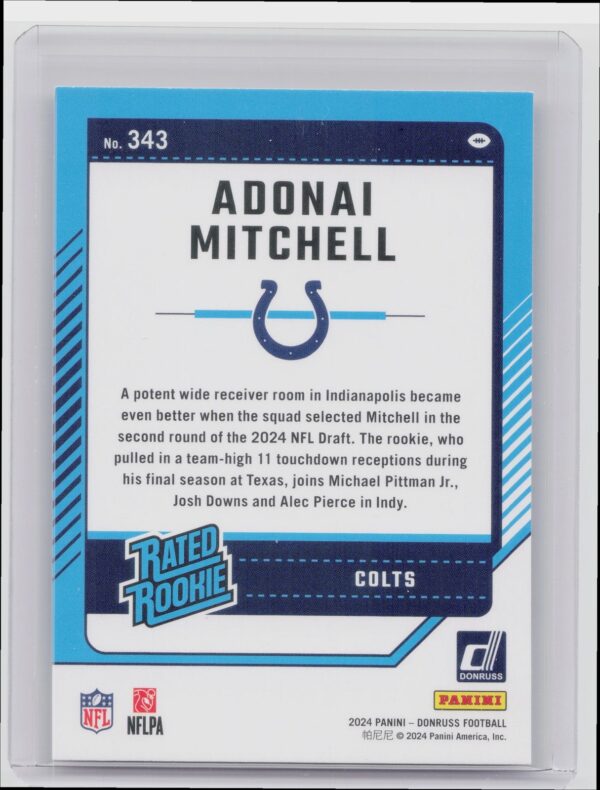 2024 Donruss Adonai Mitchell RC 343 Colts - Image 3
