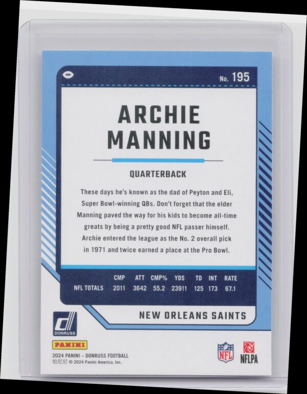 2024 Donruss Archie Manning 195 Saints - Image 3