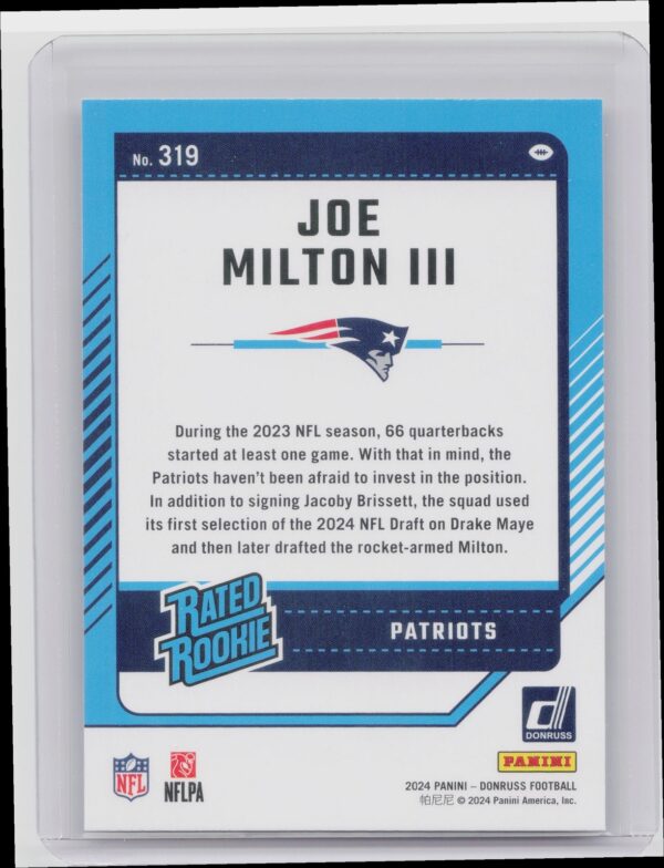 2024 Donruss Joe Milton III RC 319 Patriots - Image 3