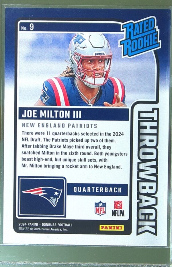 2024 Donruss Joe Milton III RC #9 Patriots Rated Rookies Throwback - Image 3