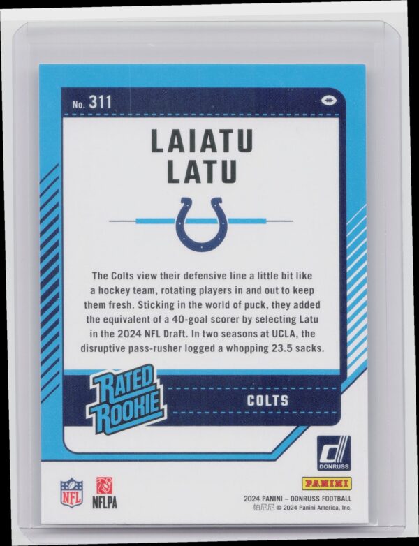 2024 Donruss Laiatu Latu RC 311 Colts - Image 3