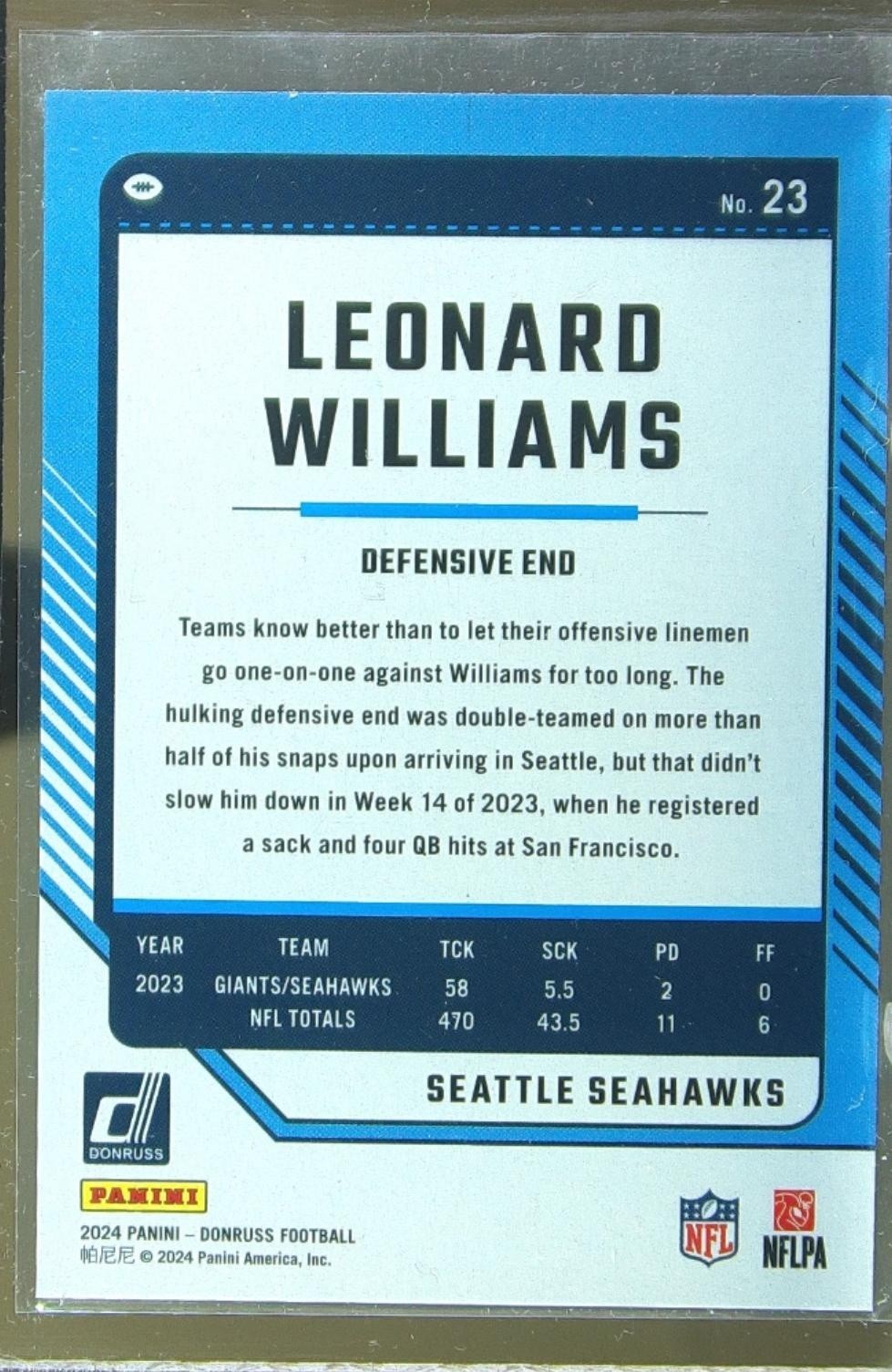 2024 Donruss Leonard Williams Press Proof Red 23 Seahawks - Image 3