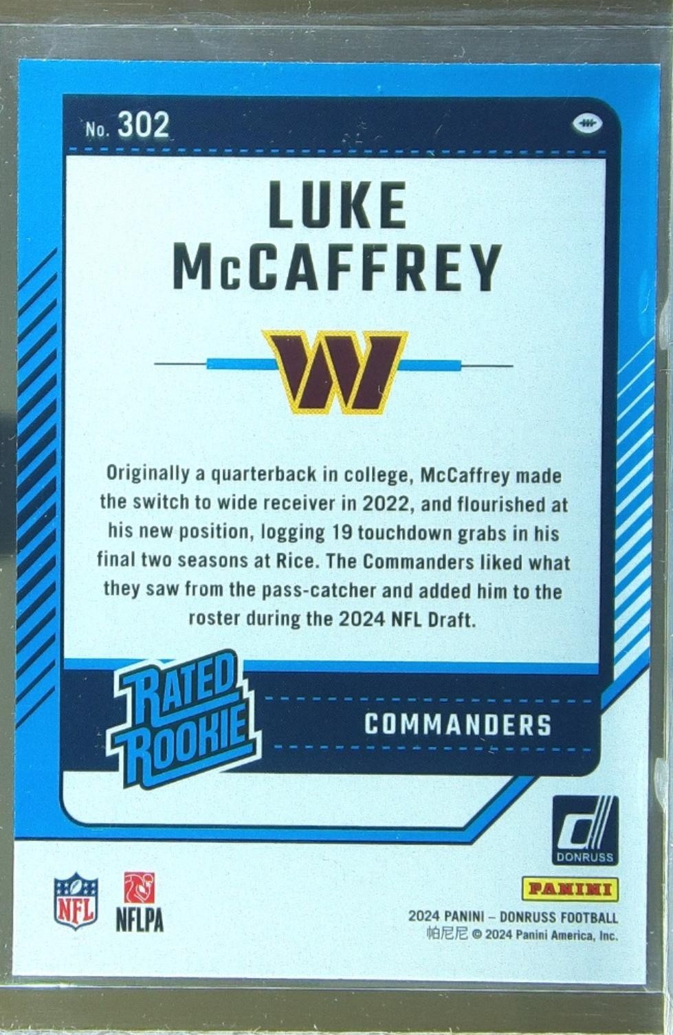 2024 Donruss Luke McCaffrey RC #302 Commanders - Image 3