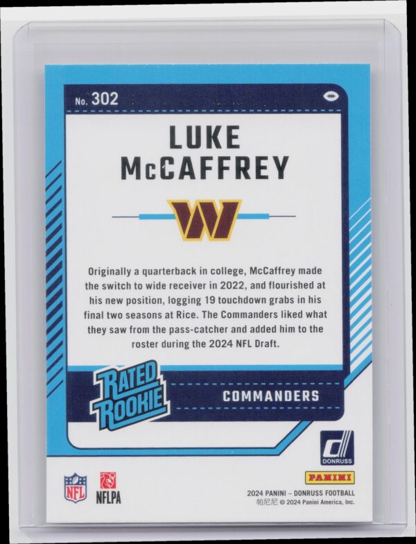 2024 Donruss Luke McCaffrey Rated Rookie RC 302 Commanders - Image 3