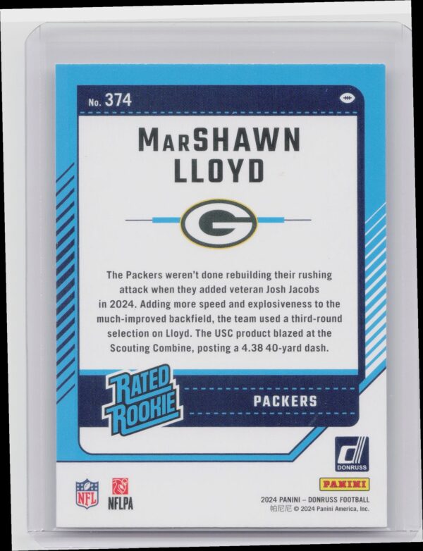 2024 Donruss MarShawn Lloyd RC 374 Packers - Image 3