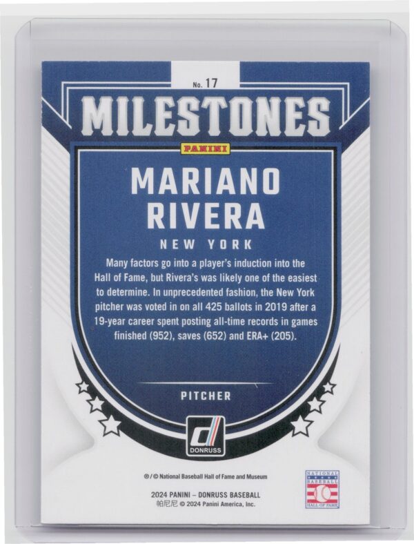2024 Donruss Mariano Rivera #17 Yankees Milestones 2019 Hall of Fame - Image 3