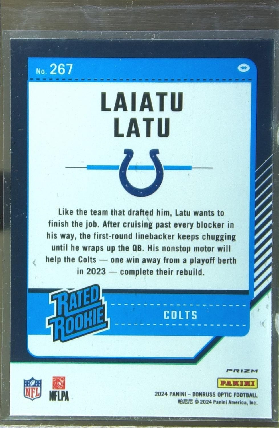 2024 Donruss Optic Laiatu Latu Green Hyper RC #267 Colts - Image 3