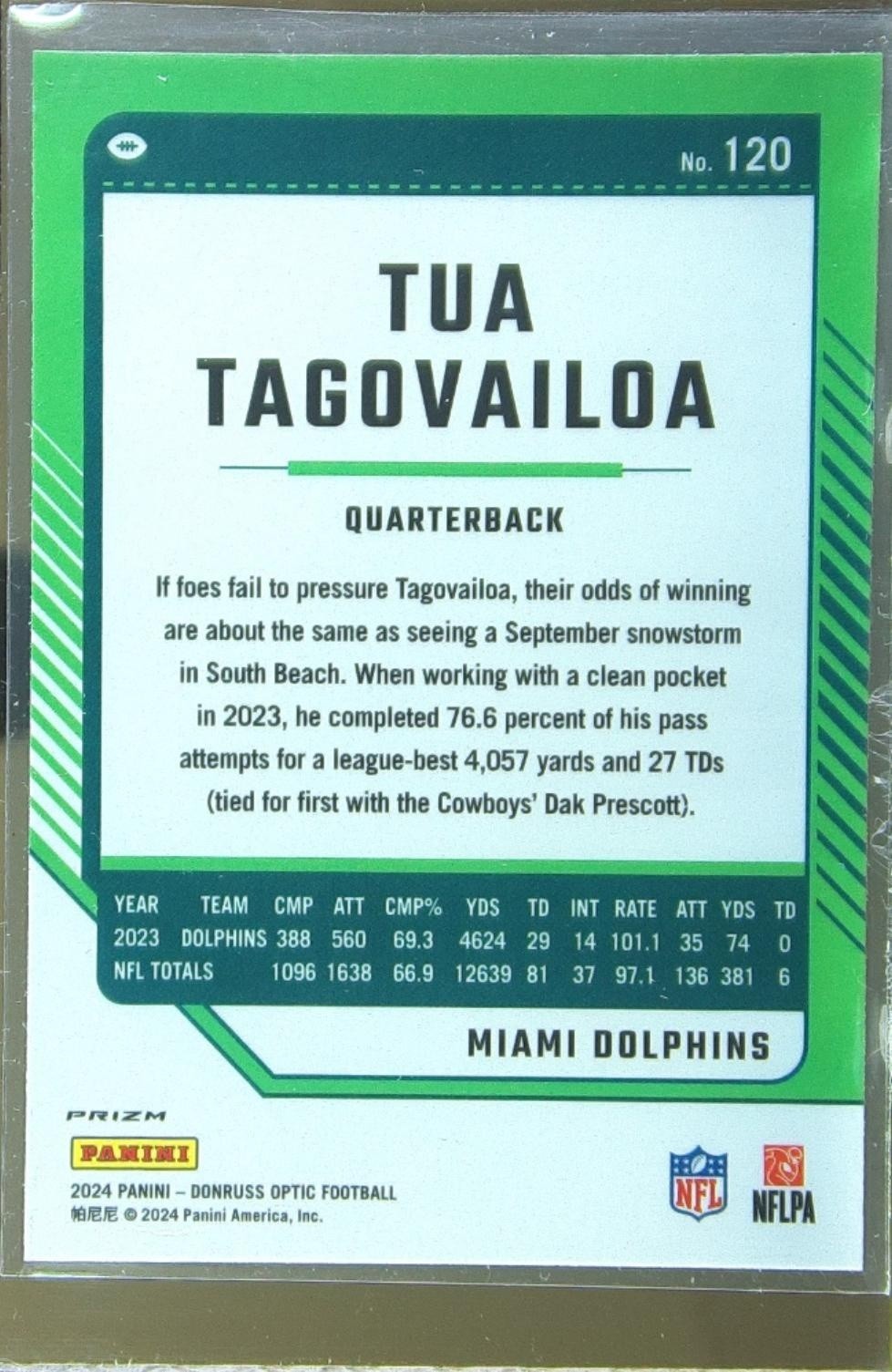 2024 Donruss Optic Tua Tagovailoa Holo #120 Dolphins - Image 3