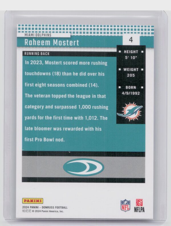 2024 Donruss Raheem Mostert 4 Dolphins Retro 2004 - Image 3