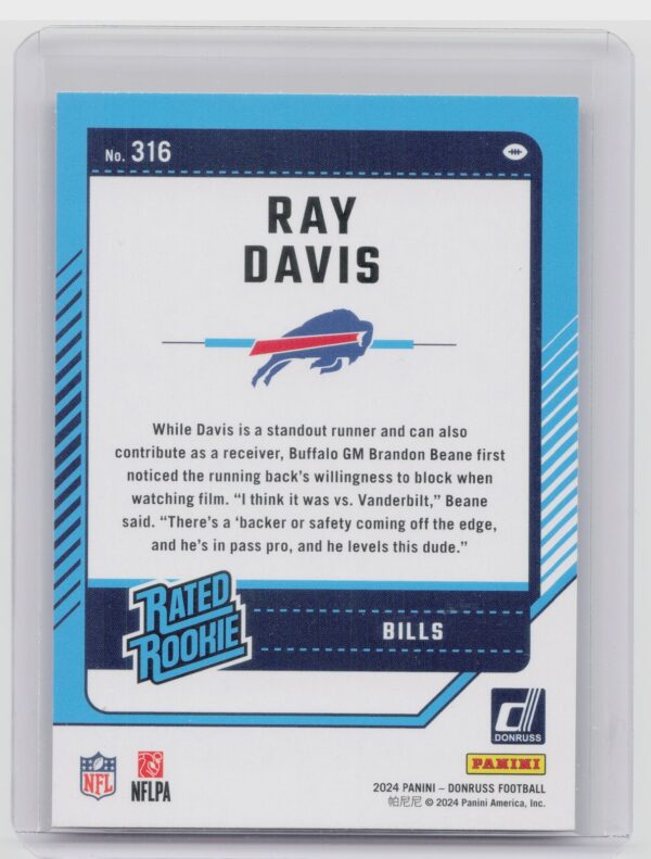 2024 Donruss Ray Davis Press Proof Purple RC 316 Bills - Image 3