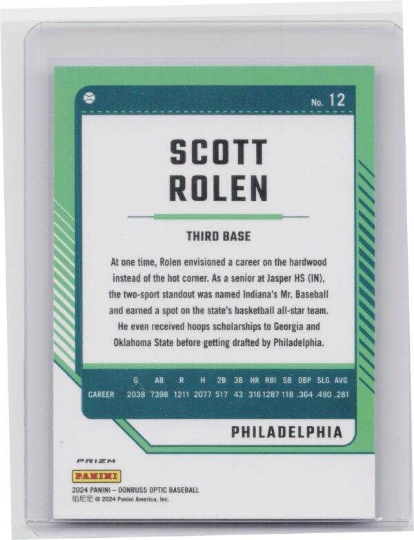 2024 Donruss Scott Rolen Optic Blue Velocity Prizm #12 Phillies - Image 3