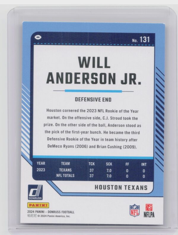 2024 Donruss Will Anderson Jr. Press Proof Purple 131 Texans - Image 3