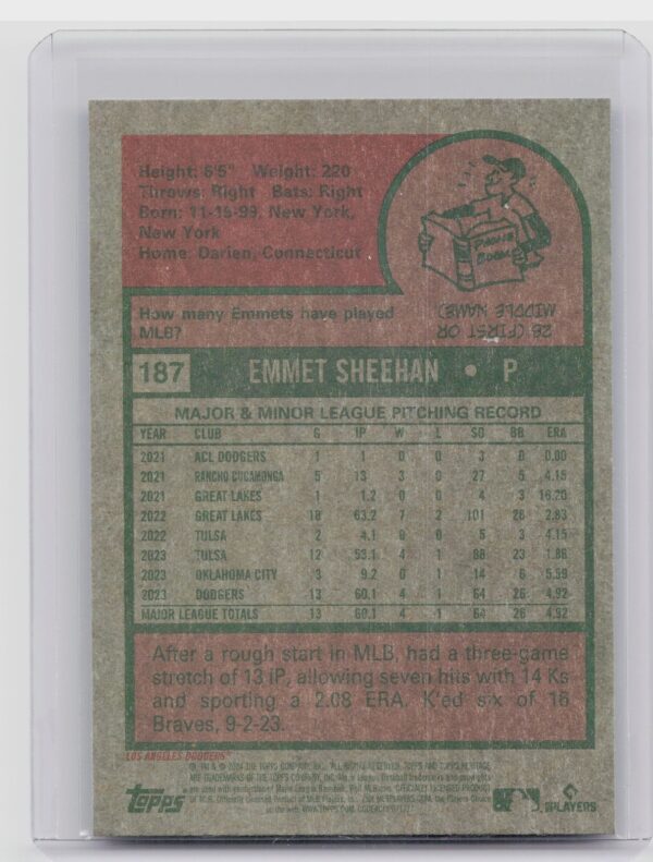 2024 Heritage Emmet Sheehan Chrome Blue Sparkle Refractor #187 Dodgers - Image 3