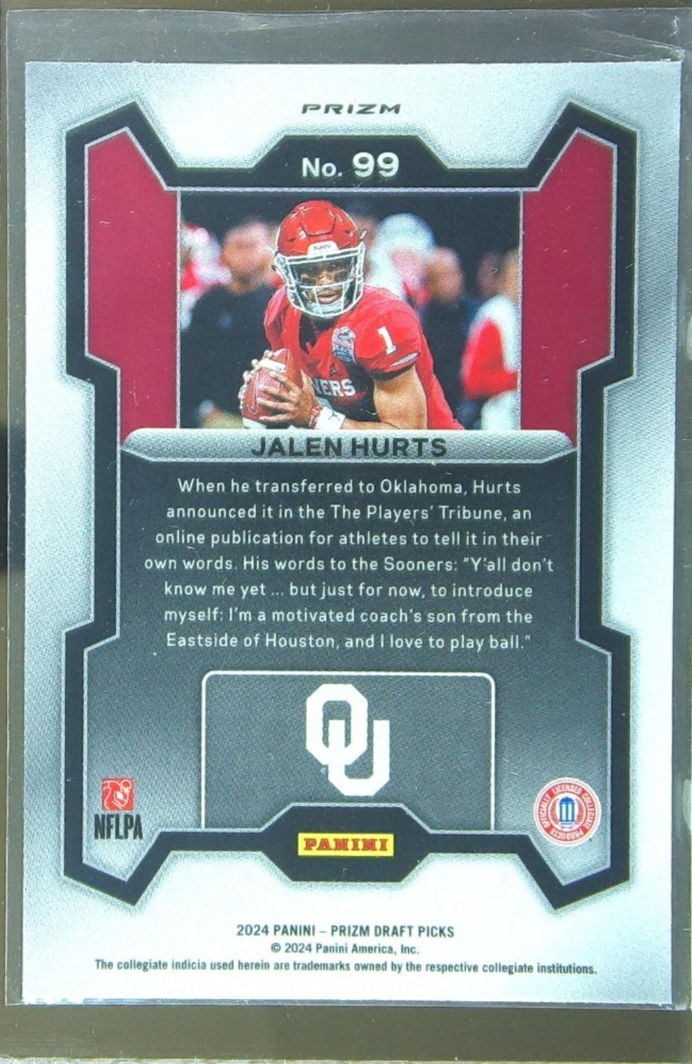 2024 Prizm Collegiate Draft Picks Jalen Hurts Silver 99 Sooners - Image 3
