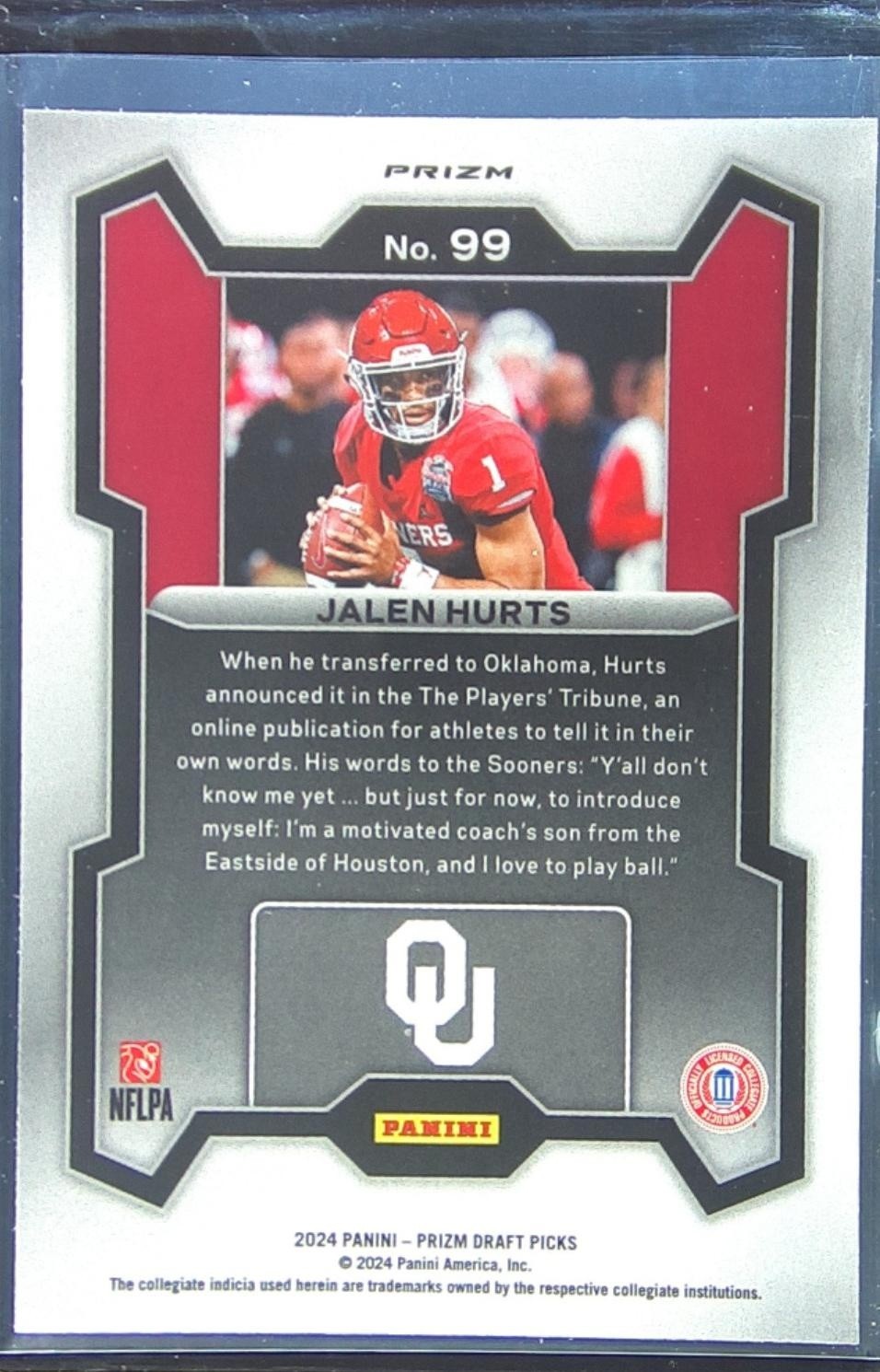 2024 Prizm Draft Picks Jalen Hurts Red Ice #99 Sooners - Image 3