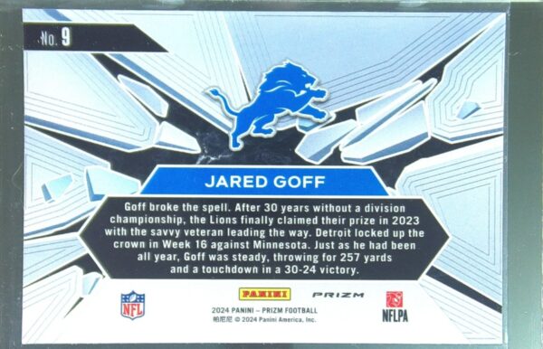 2024 Prizm Jared Goff 9 Lions Prizm Break Green Ice Prizm - Image 3