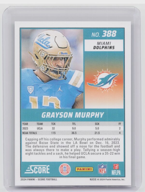 2024 Score Grayson Murphy Green RC 388 Dolphins - Image 3