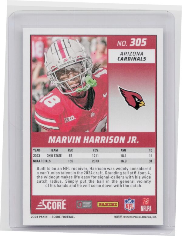 2024 Score Marvin Harrison Jr. RC #305 Cardinals - Image 3