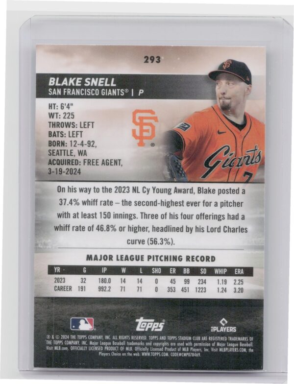 2024 Stadium Club Blake Snell Chrome Refractors #293 Giants - Image 3