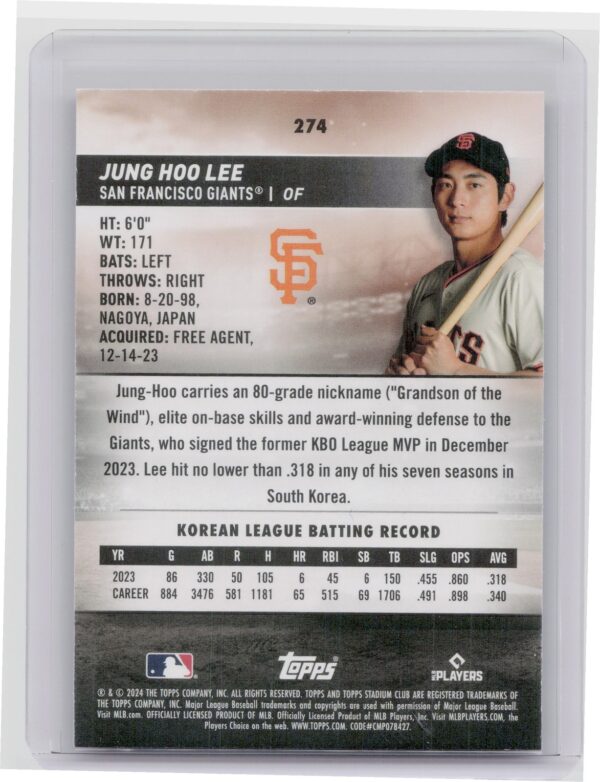 2024 Stadium Club Jung Hoo Lee Red Foil RC #274 Giants - Image 3