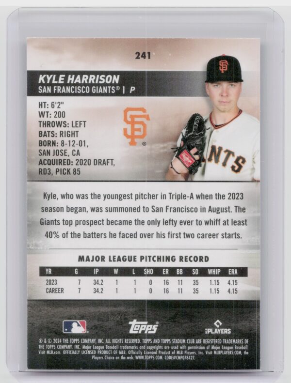 2024 Stadium Club Kyle Harrison Red Foil RC #241 Giants - Image 3