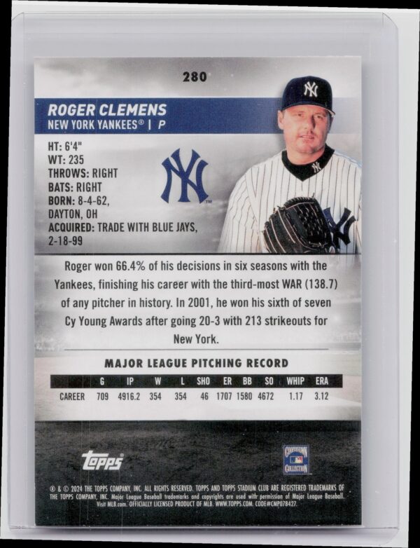 2024 Stadium Club Roger Clemens Red Foil #280 Yankees - Image 3