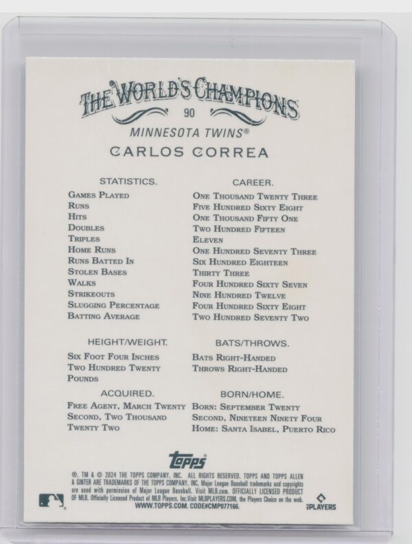 2024 Topps Allen & Ginter Carlos Correa Silver Portrait #90 Twins - Image 3