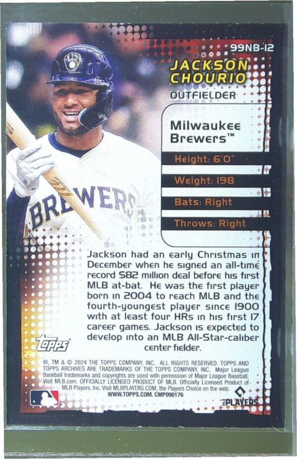 2024 Topps Archives Jackson Chourio RC #99NB-12 Brewers 1999 Topps New Breed - Image 3