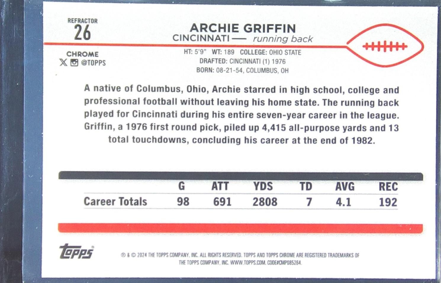 2024 Topps Chrome Archie Griffin Refractor #26 Bengals - Image 3