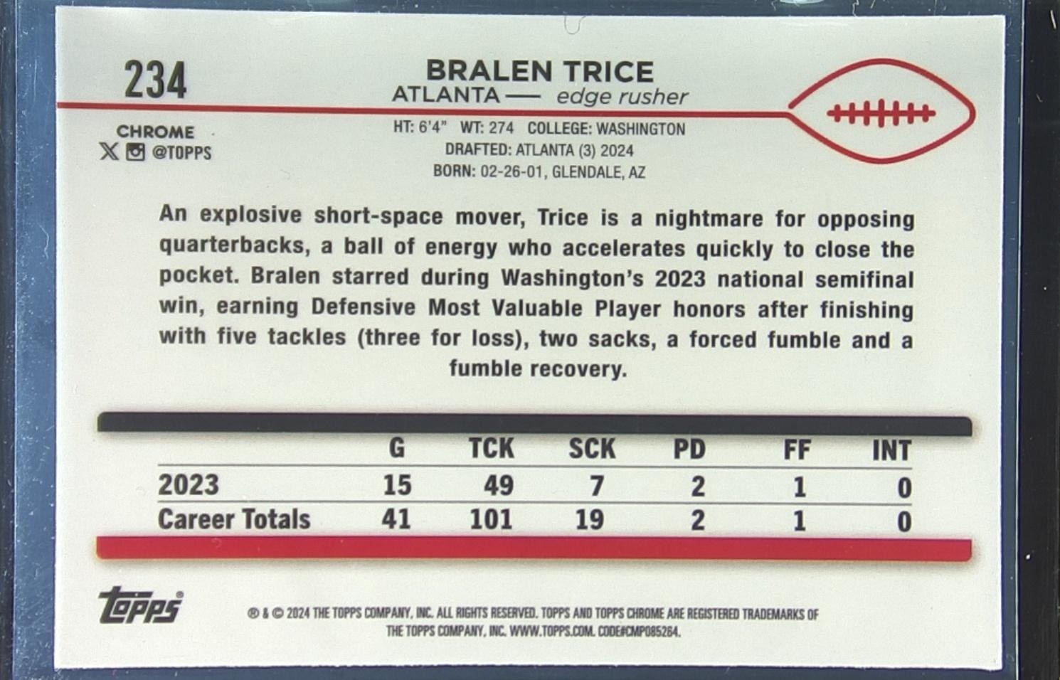 2024 Topps Chrome Bralen Trice RC #234 Falcons - Image 3