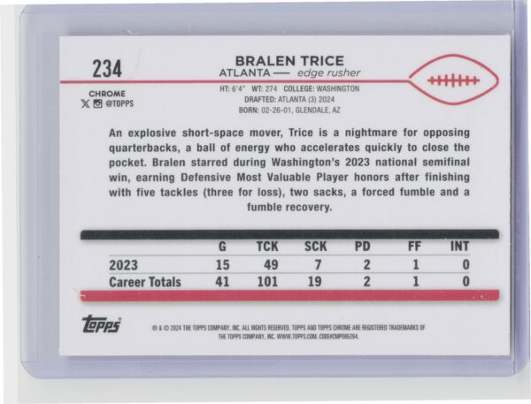 2024 Topps Chrome Bralen Trice X Fractor #234 Falcons - Image 3