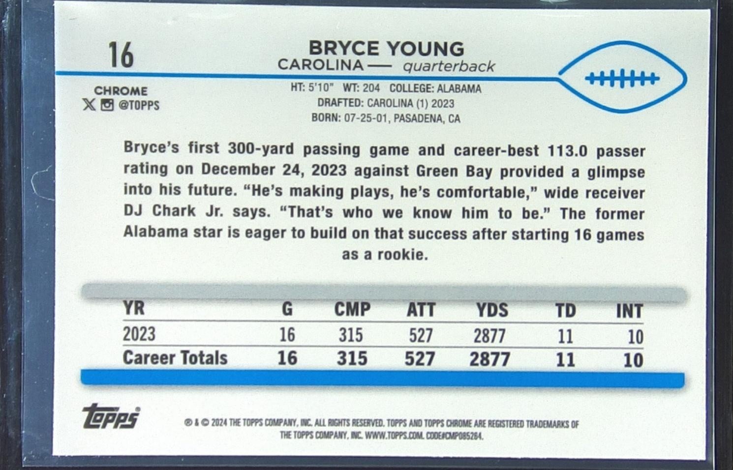 2024 Topps Chrome Bryce Young Sepia Refractor #16 Panthers - Image 3