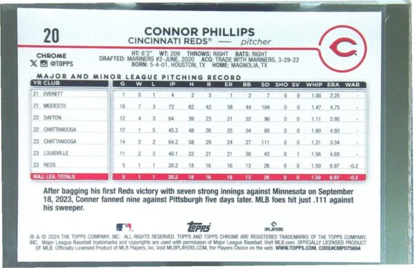 2024 Topps Chrome Connor Phillips X Fractors RC #20 Reds - Image 3