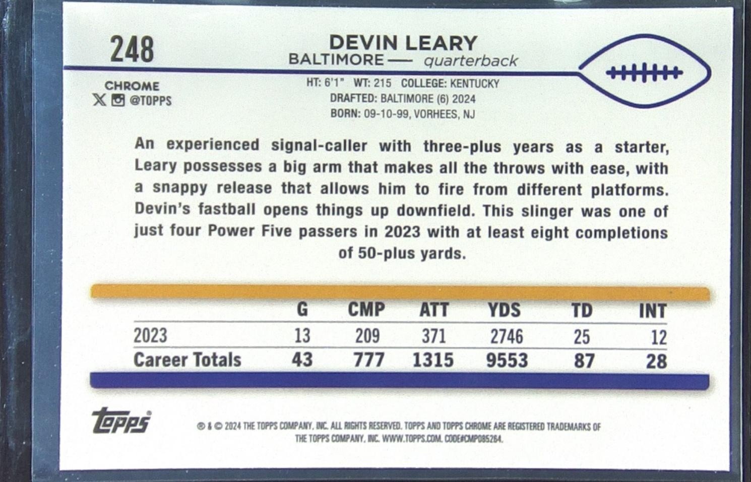 2024 Topps Chrome Devin Leary X Fractor RC #248 Ravens - Image 3