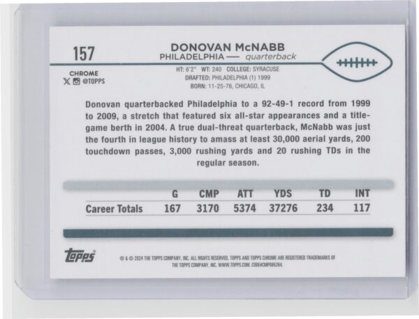 2024 Topps Chrome Donovan McNabb Purple Speckle Refractor /275 #157 Eagles - Image 3