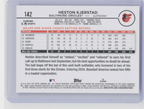 2024 Topps Chrome Heston Kjerstad RC #142 Orioles - Image 3