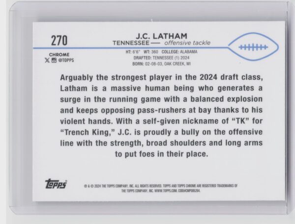 2024 Topps Chrome J.C. Latham RC 270 Titans - Image 3