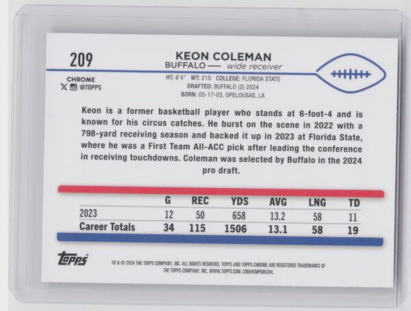 2024 Topps Chrome Keon Coleman RC 209 Bills - Image 3