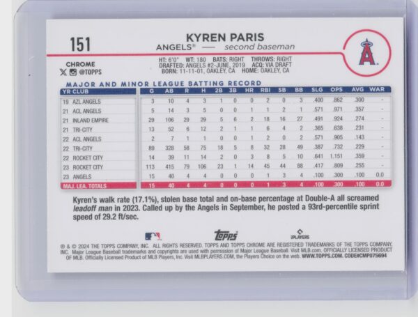 2024 Topps Chrome Kyren Paris RC #151 Angels - Image 3