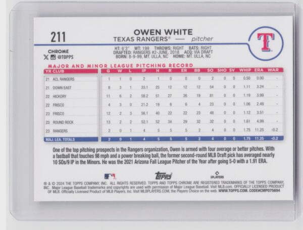 2024 Topps Chrome Owen White RC #211 Rangers - Image 3