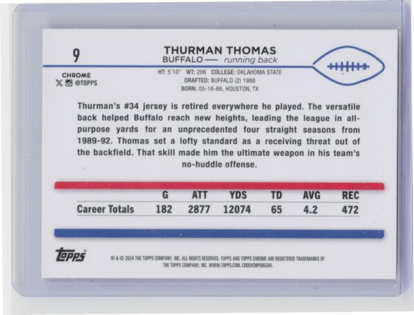 2024 Topps Chrome Thurman Thomas X Fractor #9 Bills - Image 3