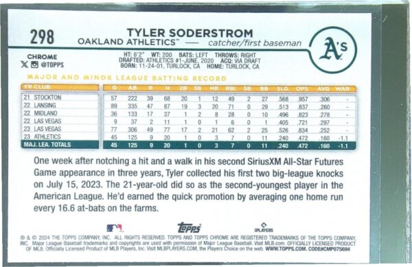 2024 Topps Chrome Tyler Soderstrom X Fractors RC #298 Athletics - Image 3